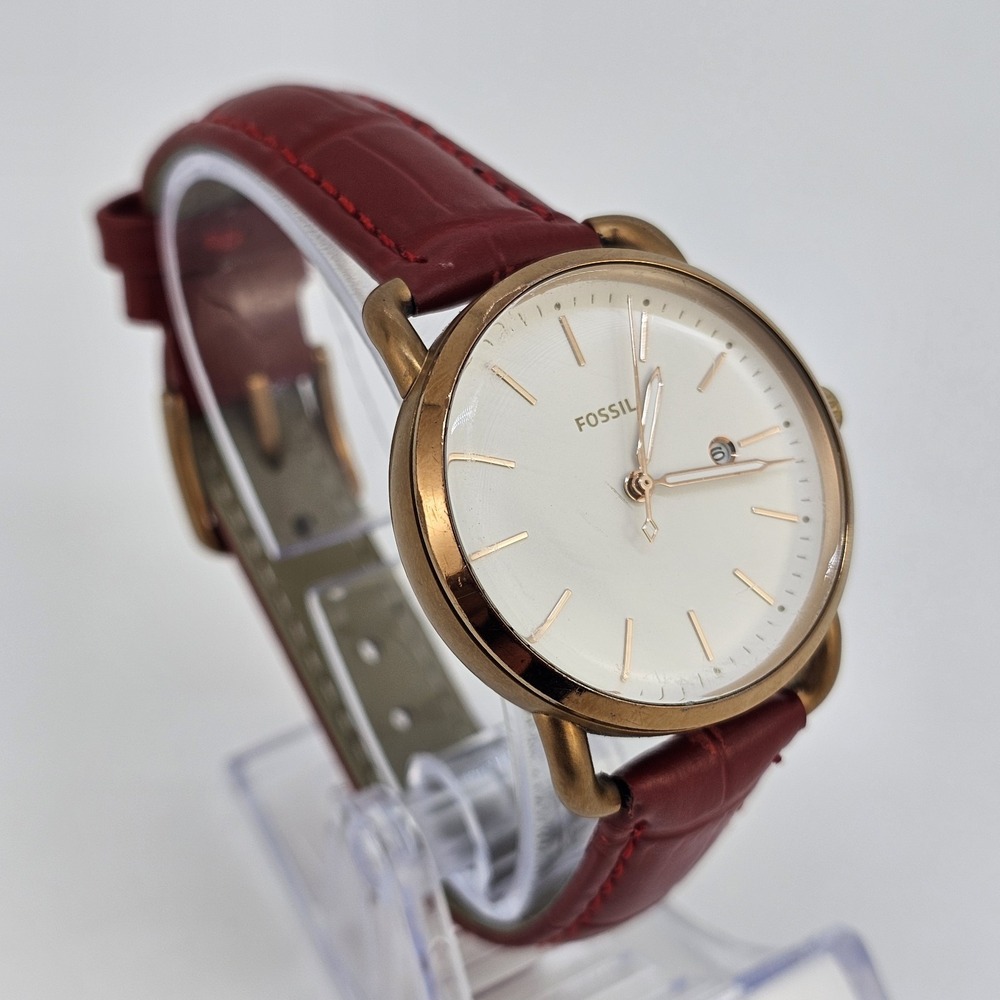 Fossil Women Watch 34MM Gold Dial Date New Red Leather Bands New Battery - Picture 3 of 16